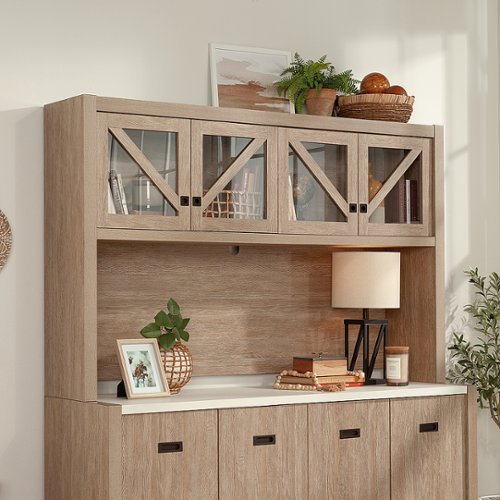 Sauder Dixon City Large Hutch Top Brushed Oak: Contemporary Country, Glass Doors, Cord Management