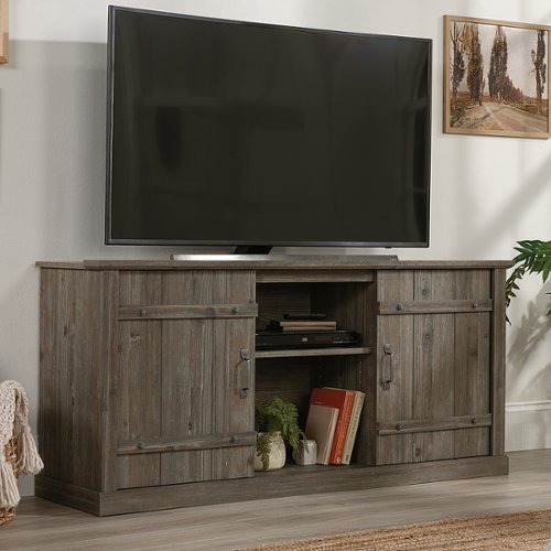 SAUDER Pebble Pine Entertainment Center Fits TV's up to 70 in. with Sliding Doors and Cord Management