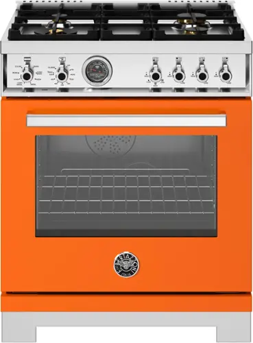 Front. Bertazzoni - 30" Professional Series range - Electric self clean oven - 4 brass burners - Orange.