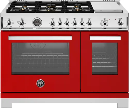 Front. Bertazzoni - 48" Professional Series range - Electric self clean oven - 6 brass burners + griddle - Red.