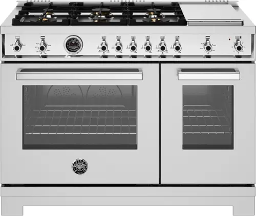 Front. Bertazzoni - 48" Professional Series range - Gas Oven - 6 brass burners + griddle - Stainless Steel.