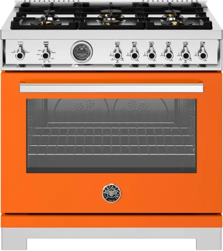 Front. Bertazzoni - 36" Professional Series range - Gas oven - 6 brass burners - Orange.