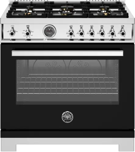 Front. Bertazzoni - 36" Professional Series range - Gas oven - 6 brass burners - Black.