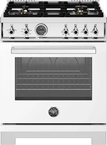 Front. Bertazzoni - 30" Professional Series range - Gas oven - 4 brass burners - White.