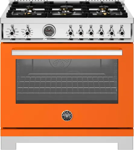 Front. Bertazzoni - 36" Professional Series range - Electric self clean oven - 6 brass burners - Orange.