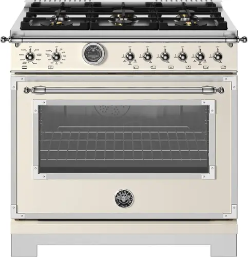 Front. Bertazzoni - 36" Heritage Series range - Dual Fuel self clean oven - 6 brass burners - Ivory.