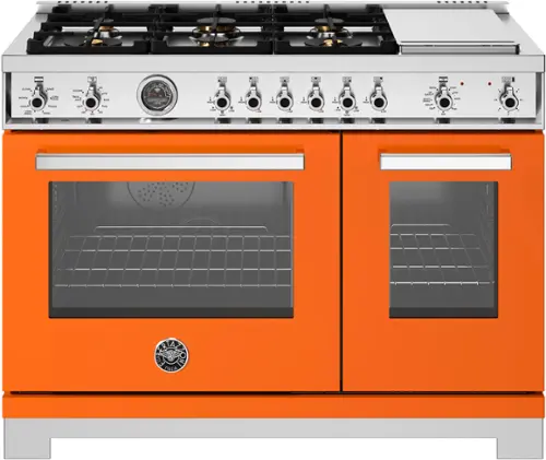 Front. Bertazzoni - 48" Professional Series range - Electric self clean oven - 6 brass burners + griddle - Orange.