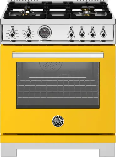 Front. Bertazzoni - 30" Professional Series range - Electric self clean oven - 4 brass burners - Yellow.
