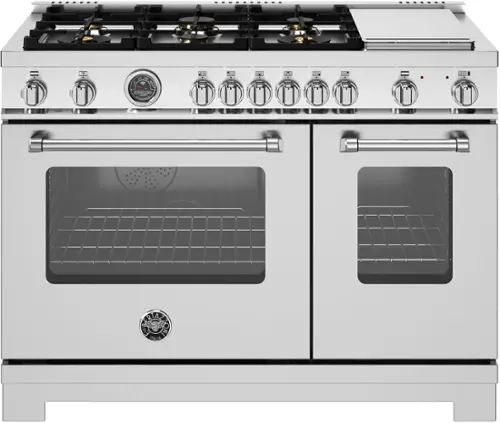 Front. Bertazzoni - 48" Master Series range - Dual Fuel self clean oven - 6 brass burners + griddle - Stainless Steel.