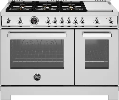 Front. Bertazzoni - 48" Professional Series range - Gas Oven - 6 brass burners + griddle - LP version - Stainless Steel.