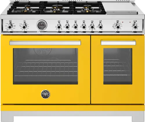 Front. Bertazzoni - 48" Professional Series range - Electric self clean oven - 6 brass burners + griddle - Yellow.