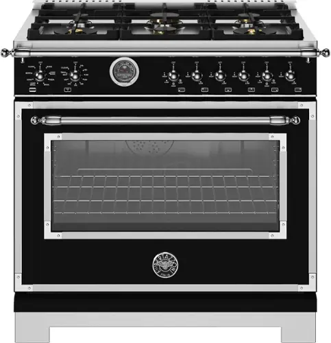 Front. Bertazzoni - 36" Heritage Series range - Dual Fuel self clean oven - 6 brass burners - Black.