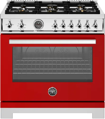 Front. Bertazzoni - 36" Professional Series range - Gas oven - 6 brass burners - Red.