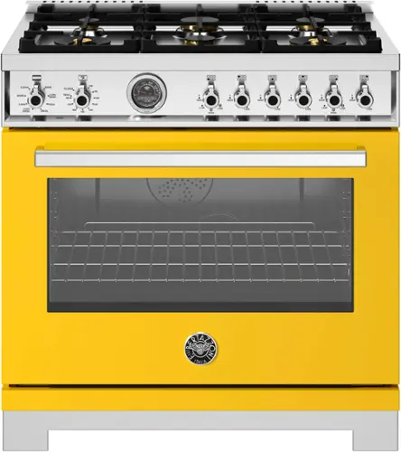 Front. Bertazzoni - 36" Professional Series range - Electric self clean oven - 6 brass burners - Yellow.