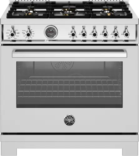 Front. Bertazzoni - 36" Professional Series range - Electric self clean oven - 6 brass burners - Stainless Steel.