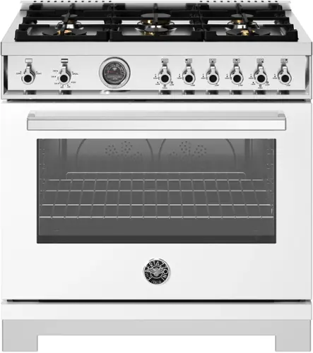 Front. Bertazzoni - 36" Professional Series range - Gas oven - 6 brass burners - White.