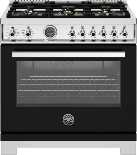 Front. Bertazzoni - 36" Professional Series range - Electric self clean oven - 6 brass burners - Black.