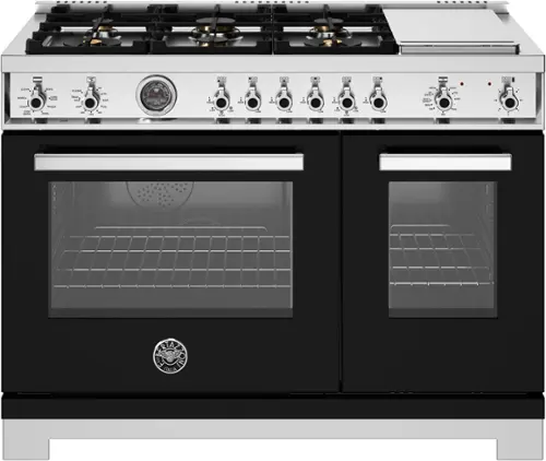 Front. Bertazzoni - 48" Professional Series range - Electric self clean oven - 6 brass burners + griddle - Black.