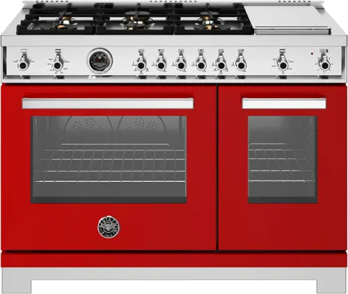 Front. Bertazzoni - 48" Professional Series range - Gas Oven - 6 brass burners + griddle - Red.