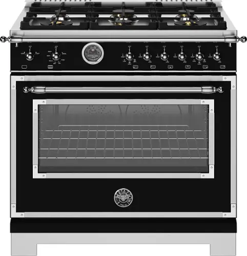 Front. Bertazzoni - 36" Heritage Series range - Gas Oven - 6 brass burners - Black.