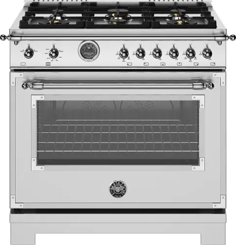 Front. Bertazzoni - 36" Heritage Series range - Gas Oven - 6 brass burners - Stainless Steel.