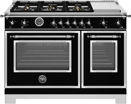 Front. Bertazzoni - 48" Heritage Series range - Gas Oven - 6 brass burners + griddle - Black.