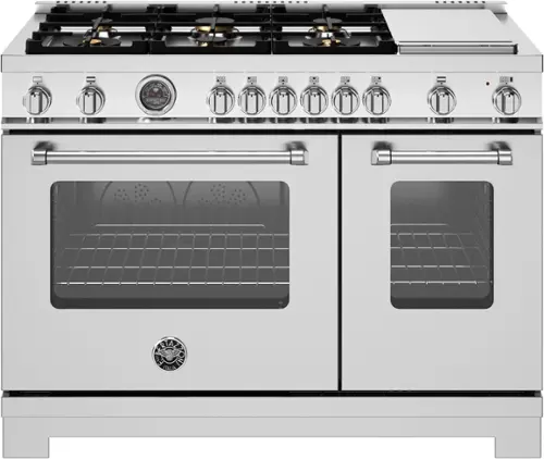 Front. Bertazzoni - 48" Master Series range - Gas Oven - 6 brass burners + griddle - Stainless Steel.