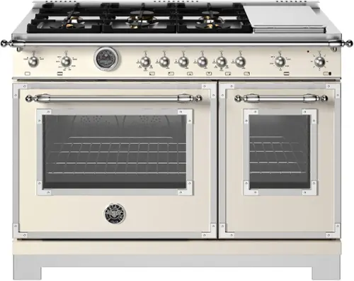 Front. Bertazzoni - 48" Heritage Series range - Gas Oven - 6 brass burners + griddle - Ivory.