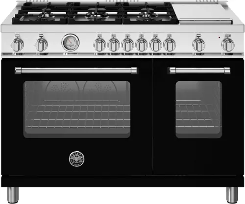 Front. Bertazzoni - 48" Master Series range - Gas Oven - 6 aluminum burners + griddle - Black.