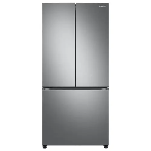 Front. Samsung - Open Box 25 cu. ft. 3-Door French Door Smart Refrigerator with Beverage Center - Stainless Steel.
