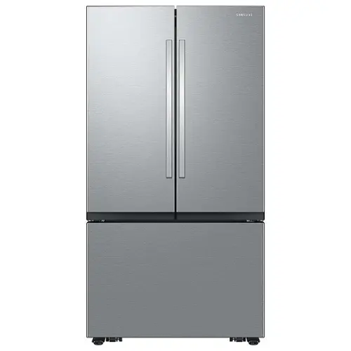 Front. Samsung - Open Box 32 cu. ft. 3-Door French Door Smart Refrigerator with Dual Auto Ice Maker - Fingerprint Resistant Stainless Steel.