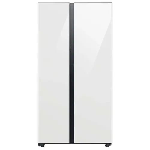 Front. Samsung - Open Box BESPOKE Side-by-Side Smart Refrigerator with Beverage Center - White Glass.