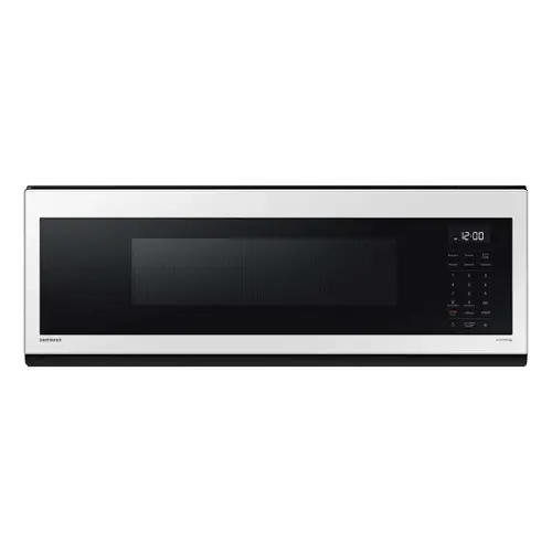 Front. Samsung - Open Box BESPOKE 1.1 cu. ft SLIM Over-the-Range Microwave with 400 CFM Hood Ventilation, Wi-Fi and Voice Control - White Glass.