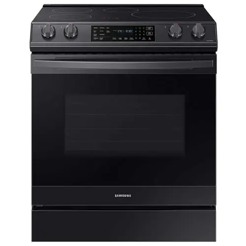Front. Samsung - Open Box 6.3 cu. ft. Smart Instant Heat Slide-in Induction Range with Air Fry & Convection+ - Fingerprint Resistant Black Stainless Steel.