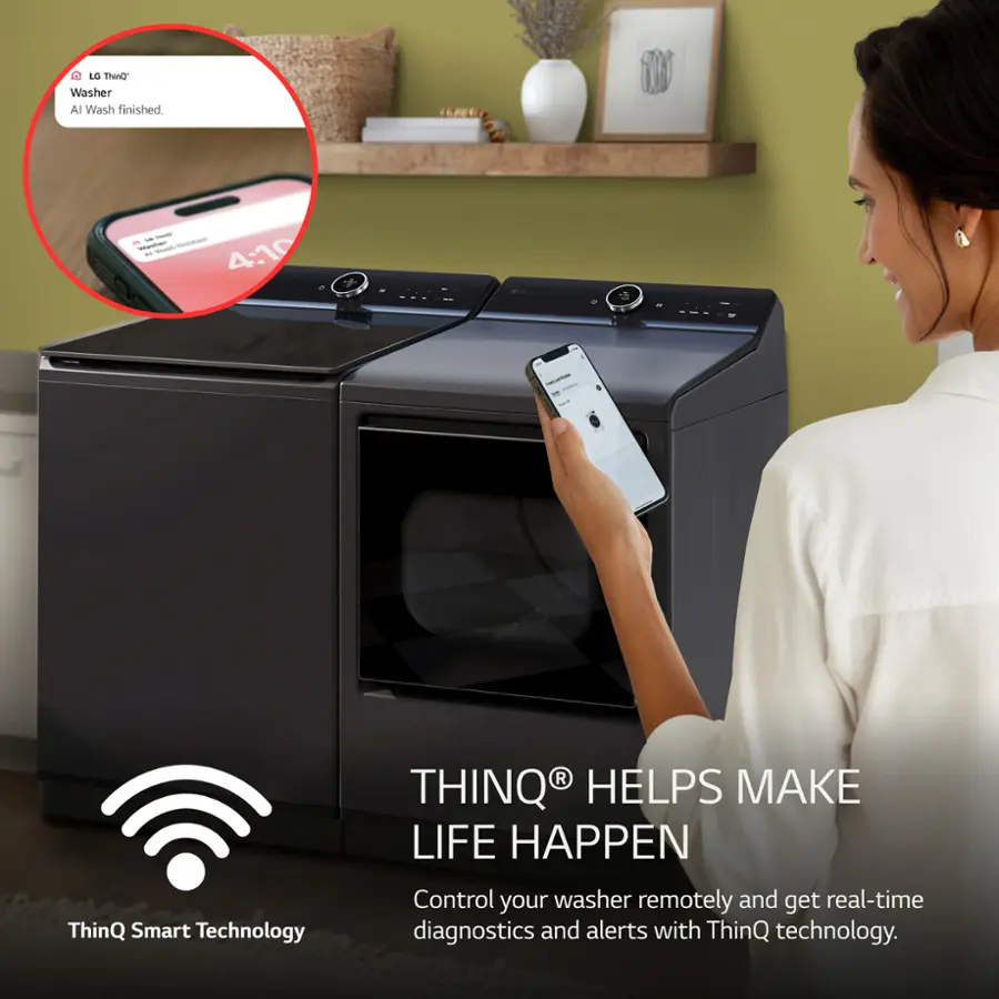 The image features a woman standing next to a washing machine, holding a cell phone. The text on the image reads: "ThinQ Smart Technology helps make life happen. Control your washer remotely and get real-time diagnostics and alerts with ThinQ technology." This text is promoting the ThinQ technology that allows users to control their washing machine remotely and receive real-time diagnostics and alerts.