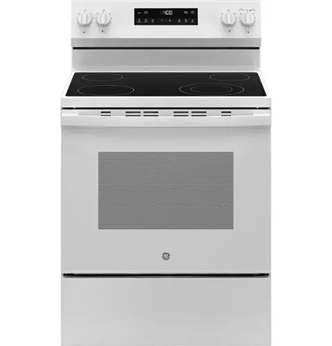 Front. GE - 5.3 Cu. Ft. Freestanding Electric Range with Steam Cleaning and 4 Burner Radiant Cooktop - White.
