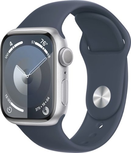 Geek Squad Certified Refurbished Apple Watch Series 9 GPS 41mm Aluminum Case with Storm Blue Sport Band  (Medium/Large) - Silver - (2023)-Front_Standard 