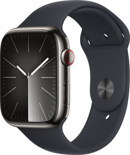 Refurbished Apple Watch Series 9 GPS + Cellular 45mm Stainless Steel Case with Midnight Sport Band  (Medium/Large) - Graphite - (2023)-Front_Standard 