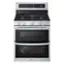 The image features a large LG stainless steel oven with a stove top. The oven has a digital display, which shows the time and temperature. The oven has a black door and a silver handle. The stove top has four burners, and the oven has a glass window, allowing a clear view of the food being cooked inside. The oven is positioned on a white background, making it the main focus of the image.