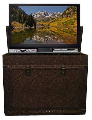 Touchstone Home Products - The Vintage Trunk by Touchstone - Leather Wrapped Smart Motorized TV Lift Cabinet for Flat Screen TVs up to 46 Inches - Aged Cigar Leather