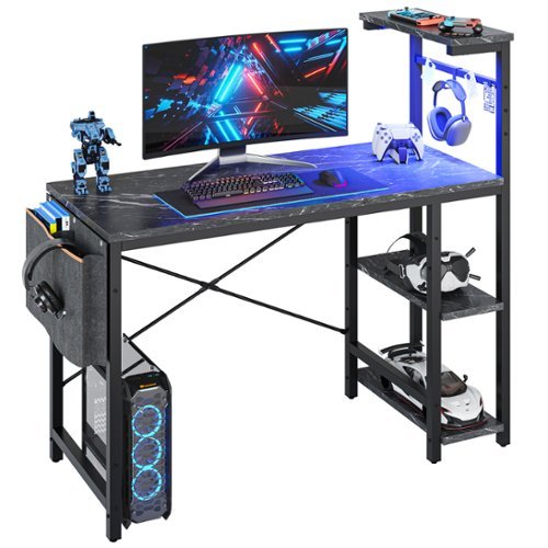 Bestier - 44 inch Gaming Desk with LED Lights, Reversible Storage Shelves & Side Storage Bag for Small Space - Black Marble-Front_Standard 