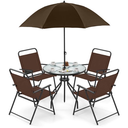 Costway 6 PCS Patio Dining Set Folding Chairs Glass Table Tilt Umbrella Garden - Brown+ Black