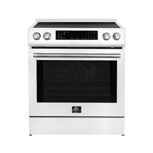 Front. Forno Appliances - Donatello 5.0 cu. ft. Slide-In Electric Induction True Convection Range with Antique Brass Accents - White.