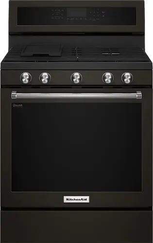 Front. KitchenAid - 5.8 Cu. Ft. Self-Cleaning Freestanding Gas True Convection Range with Even-Heat - Black Stainless Steel with Printshield Finish.