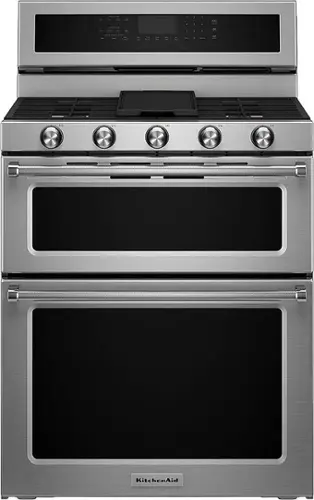 Front. KitchenAid - 6.0 Cu. Ft. Self-Cleaning Free-Standing Double Oven Gas Convection Range - Stainless steel.
