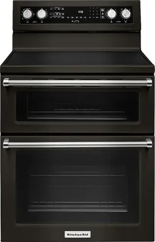 Front. KitchenAid - 6.7 Cu. Ft. Self-Cleaning Freestanding Double Oven Electric Convection Range - Black Stainless Steel with Printshield Finish.