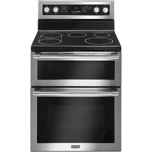 Front. Maytag - 6.7 Cu. Ft. Self-Cleaning Freestanding Fingerprint Resistant Double Oven Electric Convection Range - Fingerprint Resistant Stainless Steel.