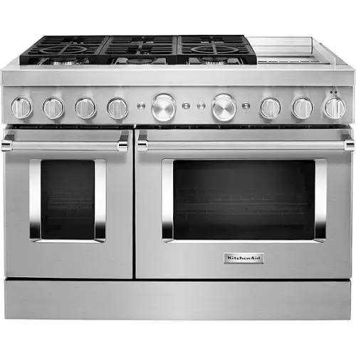 Front. KitchenAid - Commercial-Style 6.3 Cu. Ft. Freestanding Double Oven Dual-Fuel True Convection Range with Self-Cleaning - Stainless steel.