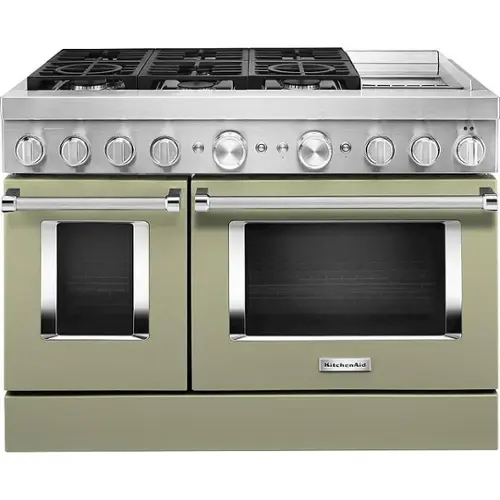 Front. KitchenAid - Commercial-Style 6.3 Cu. Ft. Freestanding Double Oven Dual-Fuel True Convection Range with Self-Cleaning - Avocado Cream.