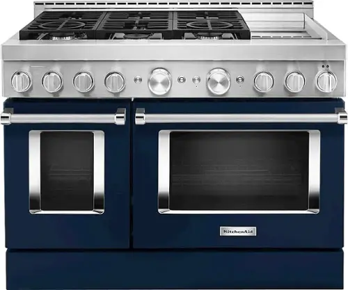 Front. KitchenAid - 6.3 Cu. Ft. Freestanding Double Oven Gas True Convection Range with Self-Cleaning and Griddle - Ink Blue.